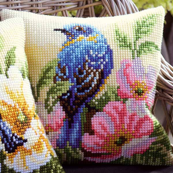 Bird on Rose Bush Printed Cross Stitch Cushion Kit by Vervaco
