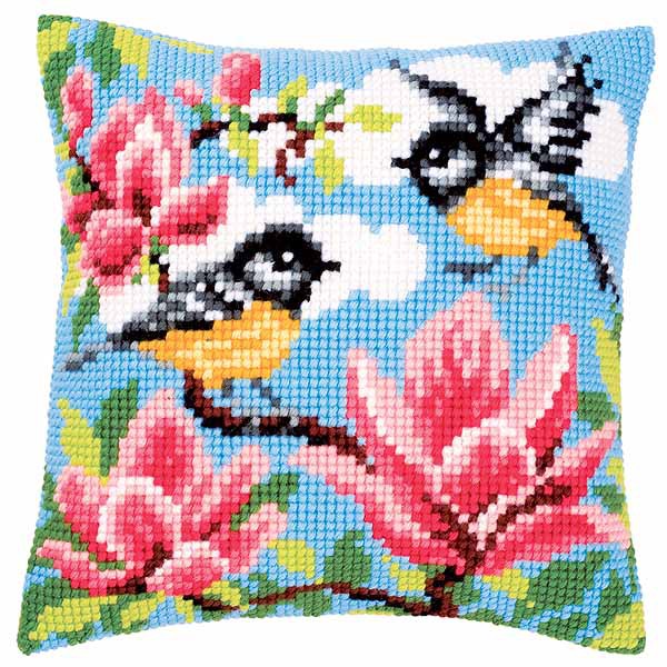 Blue Tits Printed Cross Stitch Cushion Kit by Vervaco
