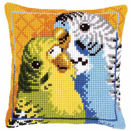 Budgies Printed Cross Stitch Cushion Kit by Vervaco
