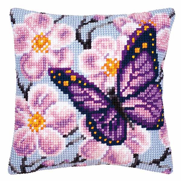 Purple Butterfly Printed Cross Stitch Cushion Kit by Vervaco
