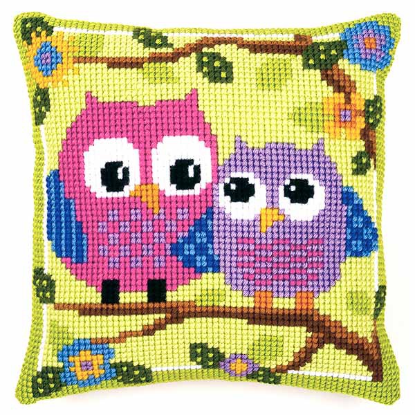 Owls Printed Cross Stitch Cushion Kit by Vervaco