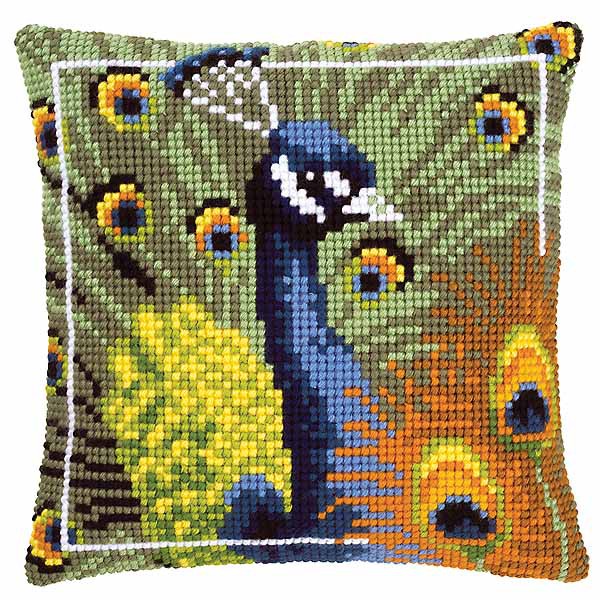 Peacock Printed Cross Stitch Cushion Kit by Vervaco