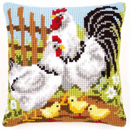 Rooster Family Printed Cross Stitch Cushion Kit by Vervaco