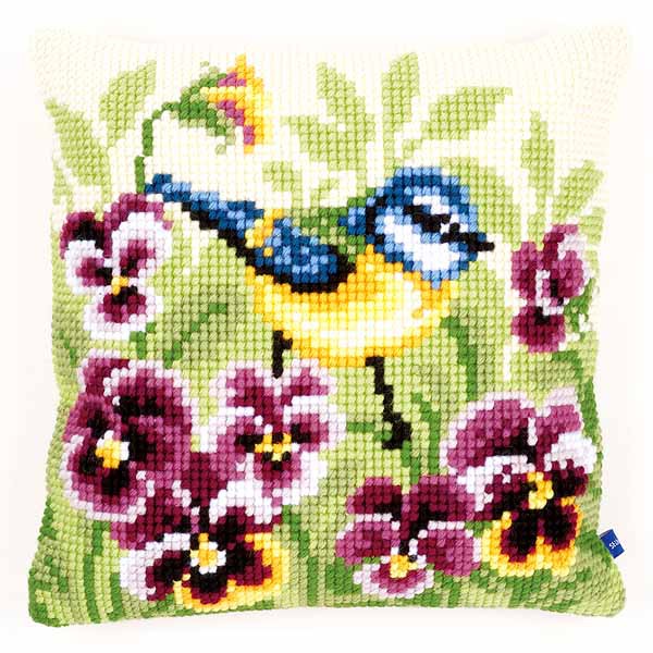 Blue Tit on Pansies Printed Cross Stitch Cushion Kit by Vervaco