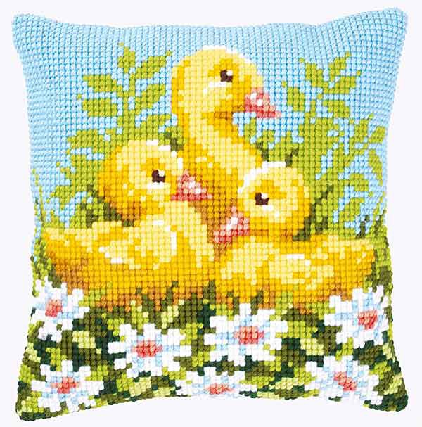 Ducklings with Daisies Printed Cross Stitch Cushion Kit by Vervaco