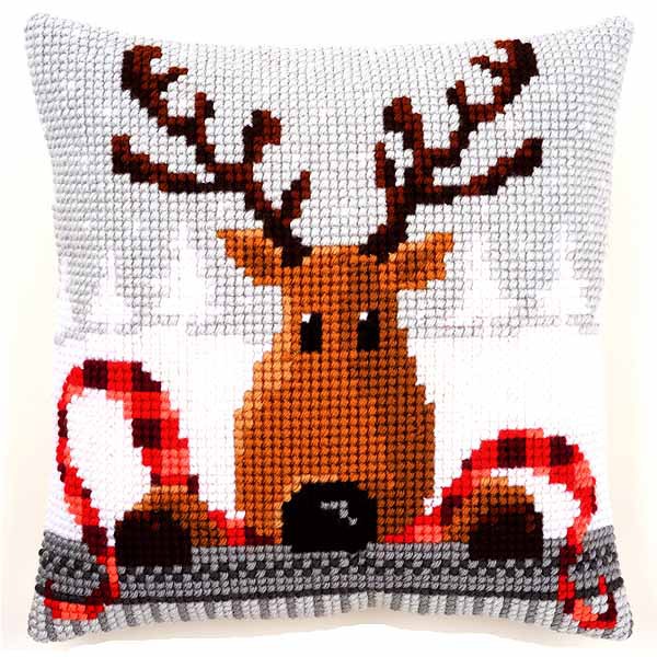 Reindeer with Red Scarf Printed Cross Stitch Cushion Kit by Vervaco