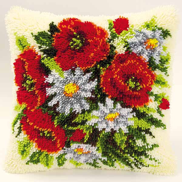 Poppies and Daisies Latch Hook Cushion Kit By Vervaco