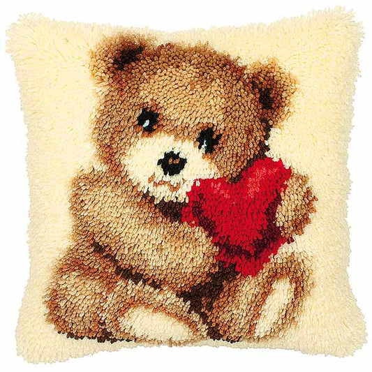 Teddy with Heart Latch Hook Cushion Kit By Vervaco