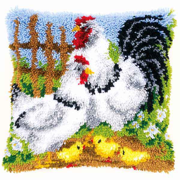 Chicken Family Latch Hook Cushion Kit By Vervaco