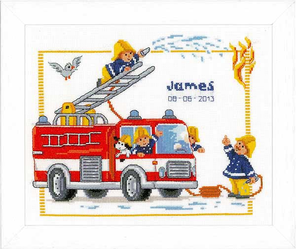 Fire Engine Birth Sampler Cross Stitch Kit By Vervaco