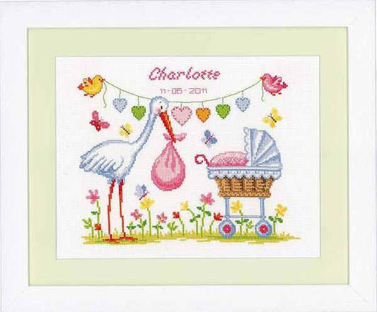 Stork and Pram Birth Sampler Cross Stitch Kit By Vervaco