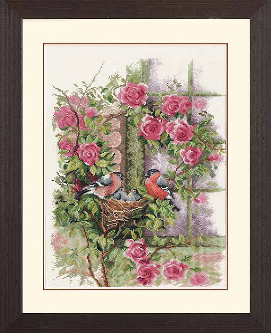 Nesting Birds in Rambler Rose Cross Stitch Kit By Lanarte
