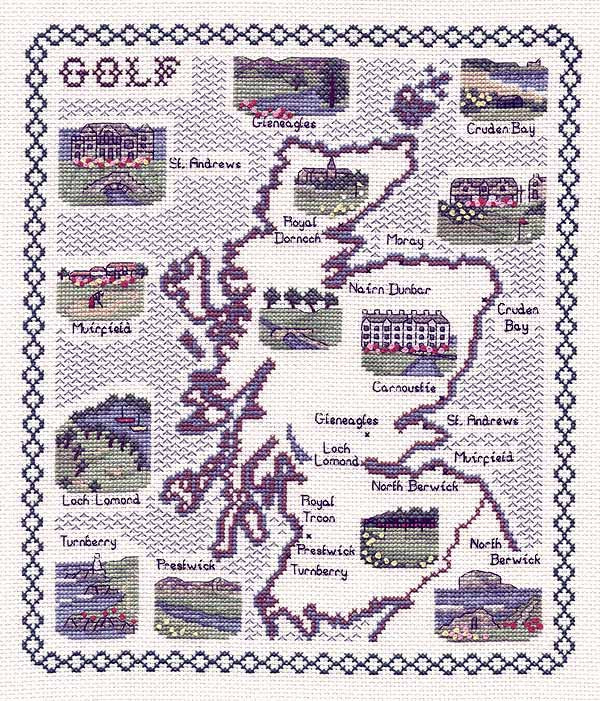Golf in Scotland Map Cross Stitch Kit by Classic Embroidery