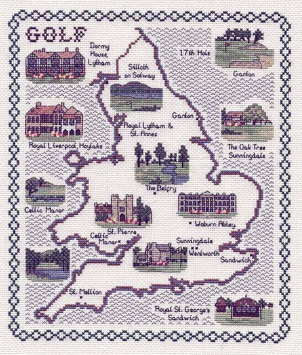 Golf in England and Wales Map Cross Stitch Kit by Classic Embroidery
