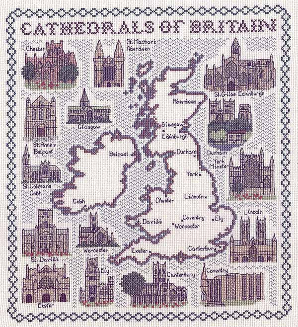 Cathedrals of Britain Map Cross Stitch Kit by Classic Embroidery
