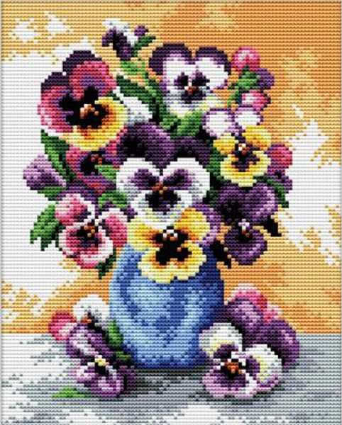 Vase of Pansies Printed Cross Stitch Kit by Needleart World
