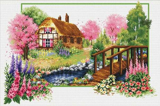 Spring Cottage Printed Cross Stitch Kit by Needleart World