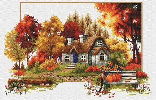 Autumn Cottage Printed Cross Stitch Kit by Needleart World