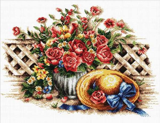 Roses and Sunhat Printed Cross Stitch Kit by Needleart World