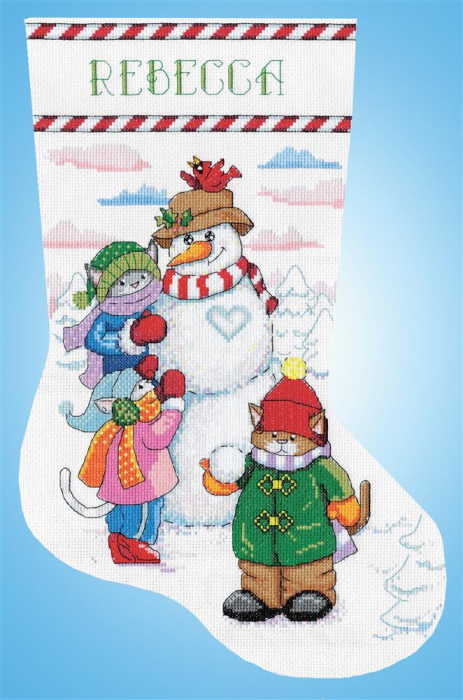 Snowman and Cats Christmas Stocking Cross Stitch Kit by Design Works