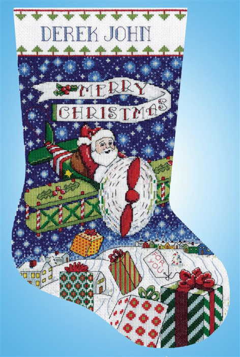 Airplane Santa Christmas Stocking Cross Stitch Kit by Design Works