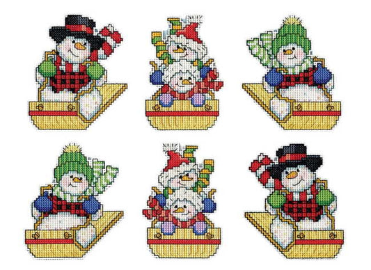 Sledding Snowmen Christmas Ornaments Cross Stitch Kit by Design Works