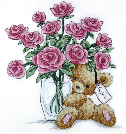 Bear with Roses Printed Cross Stitch Kit by Janlynn