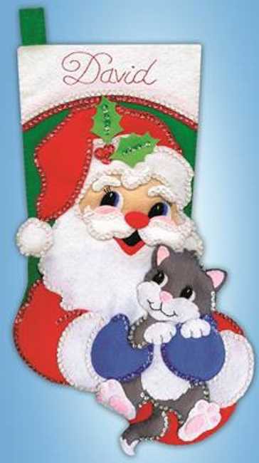 Santa with Kitten Christmas Stocking Felt Applique Kit by Design Works