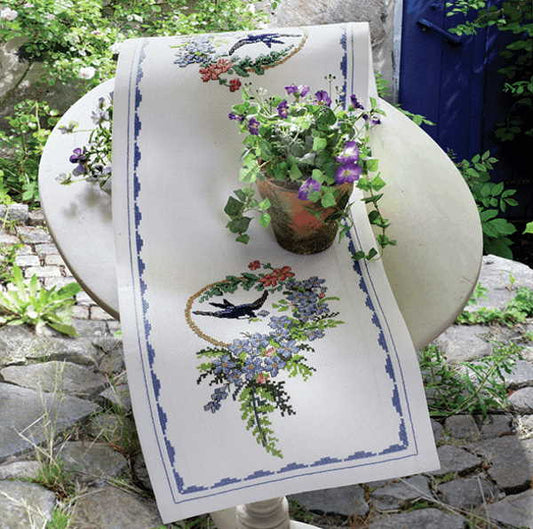 Bird and Blue Flowers Table Runner Cross Stitch Kit By Anchor