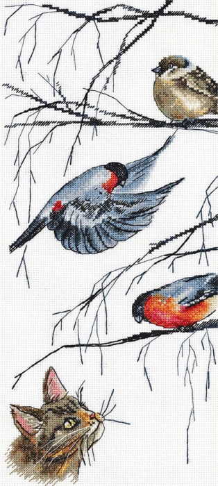 Birds and Curious Cat Cross Stitch Kit by PANNA