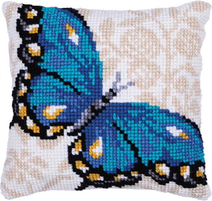 Blue Butterfly Printed Cross Stitch Cushion Kit by Needleart World