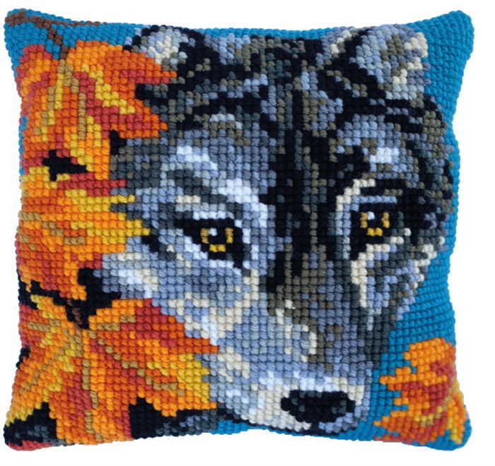 Autumn Wolf Printed Cross Stitch Cushion Kit by Needleart World