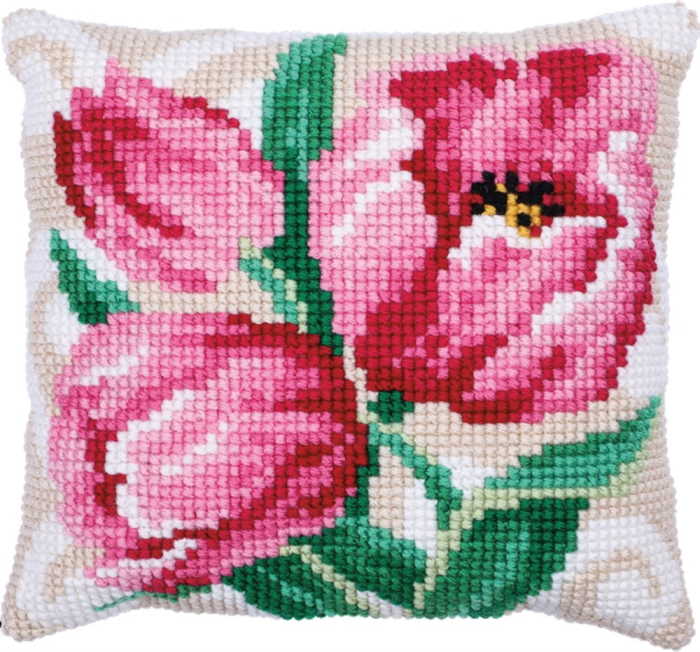 Pink Tulips Printed Cross Stitch Cushion Kit by Needleart World