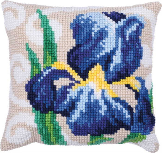 Blue Iris Printed Cross Stitch Cushion Kit by Needleart World