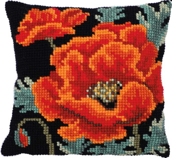 Poppy Bloom Printed Cross Stitch Cushion Kit by Needleart World