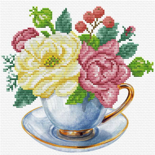 Blue Tea Cup Printed Cross Stitch Kit by Needleart World