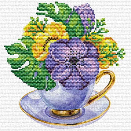 Mauve Tea Cup Printed Cross Stitch Kit by Needleart World