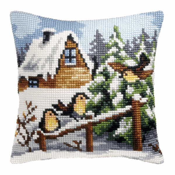 Winter Perch Printed Cross Stitch Cushion Kit by Orchidea