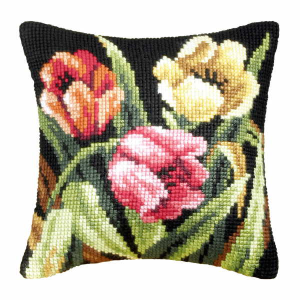 Tumbling Tulips Printed Cross Stitch Cushion Kit by Orchidea