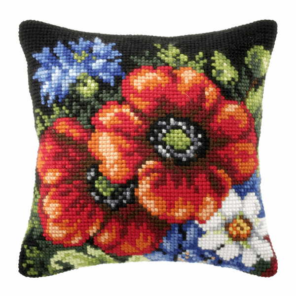 Wild Flowers on Black Printed Cross Stitch Cushion Kit by Orchidea