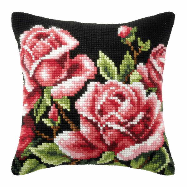 Roses on Black Printed Cross Stitch Cushion Kit by Orchidea