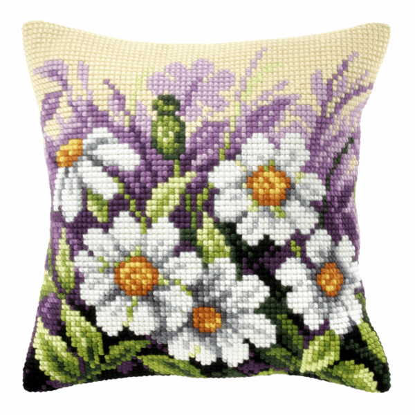 White Flowers in Meadow Printed Cross Stitch Cushion Kit by Orchidea