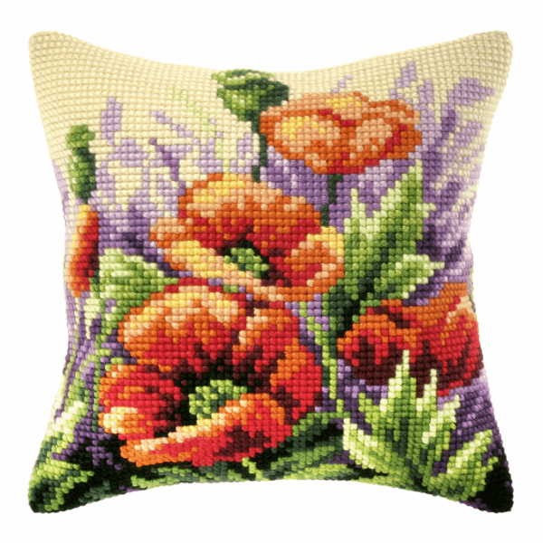 Poppies in Meadow Printed Cross Stitch Cushion Kit by Orchidea