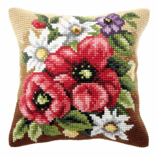Poppies in Meadow Printed Cross Stitch Cushion Kit by Orchidea