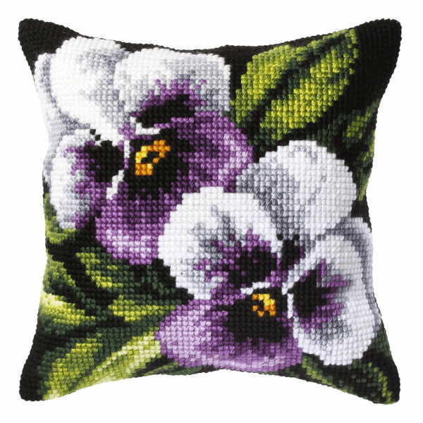 Pansies on Black Printed Cross Stitch Cushion Kit by Orchidea