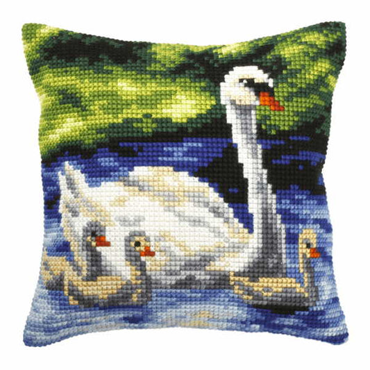 Swan Family Printed Cross Stitch Cushion Kit by Orchidea