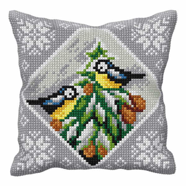 Winter Blue Tits Printed Cross Stitch Cushion Kit by Orchidea