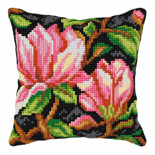 Flowers on Black Printed Cross Stitch Cushion Kit by Orchidea