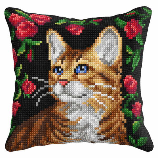 Cat in Roses Printed Cross Stitch Cushion Kit by Orchidea