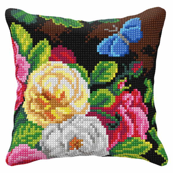 Flowers and Butterfly Printed Cross Stitch Cushion Kit by Orchidea